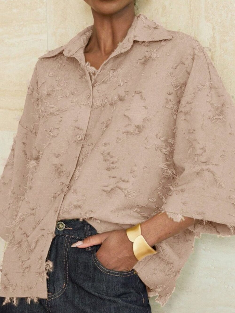 Blush Pink Textured Fringe Oversized Button-Up Shirt